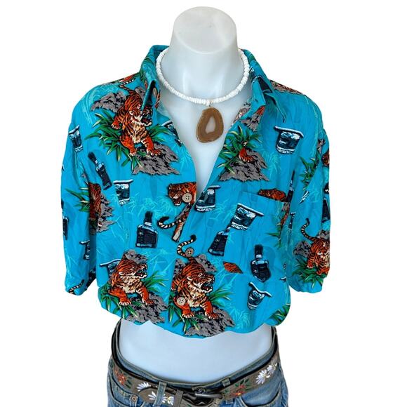 Hawaiian Shirt Button Down Crop Top One Size Boxy Surfer Tigers Tequila Oversize - Picture 1 of 6